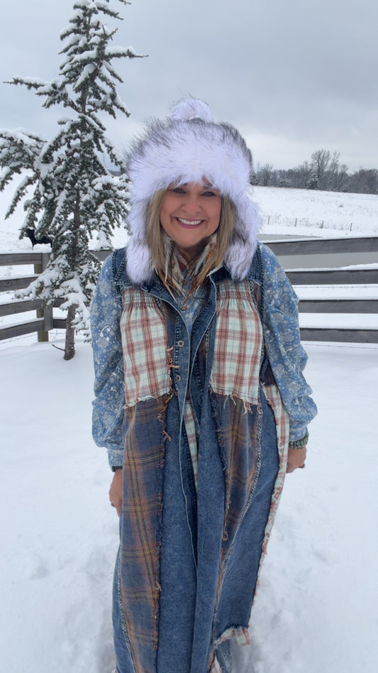 Plaid Mix Ruffle Denim Dress/duster