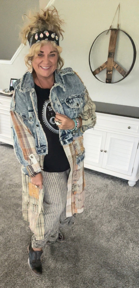 Washed Denim Plaid Mixed Long Sleeve Jacket