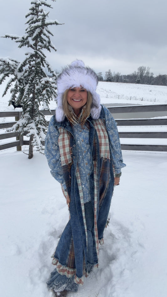 Plaid Mix Ruffle Denim Dress/duster