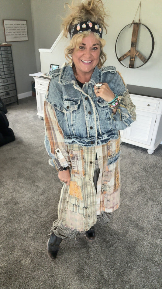 Washed Denim Plaid Mixed Long Sleeve Jacket