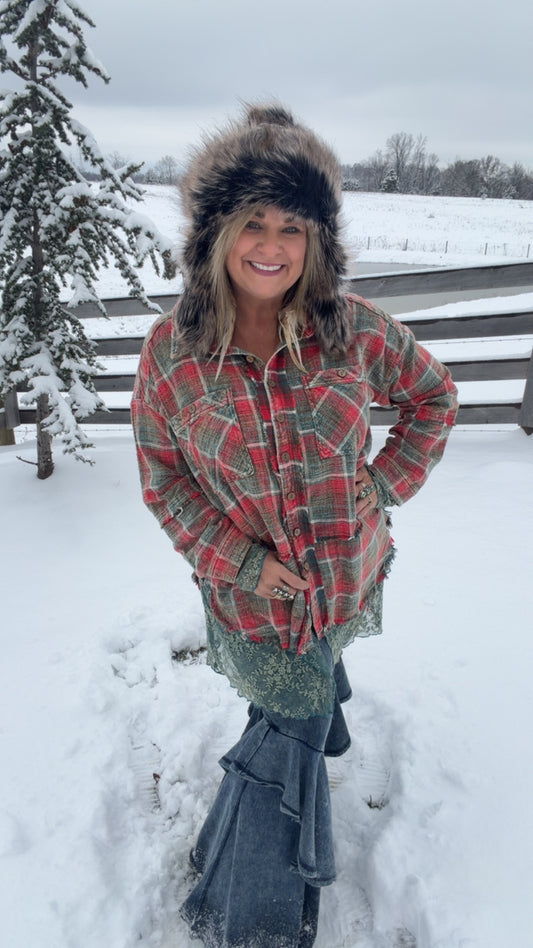 Plaid with Embroidered Mesh Shacket