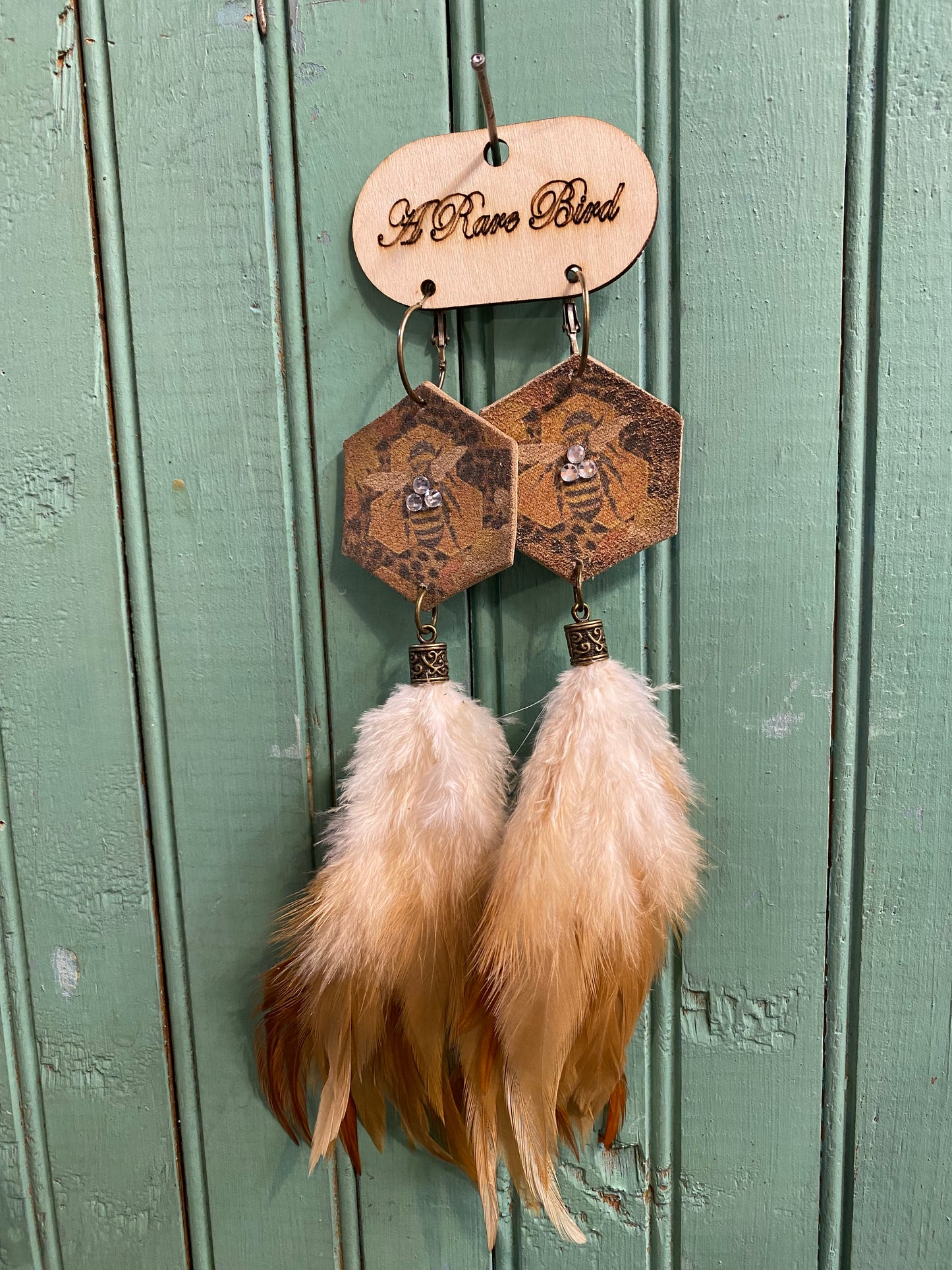 Honey Comb And Bee Feather Earrings