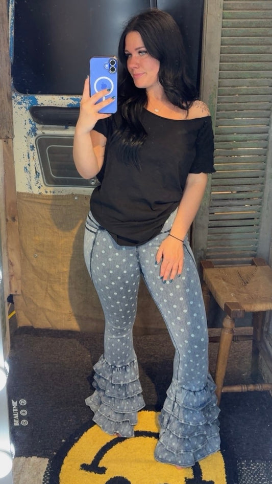 Blue Polka Dot Ruffle Leggings