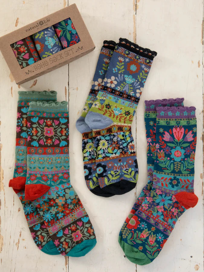 Boxed Boho Sock Set, Set of 3 Blue Floral