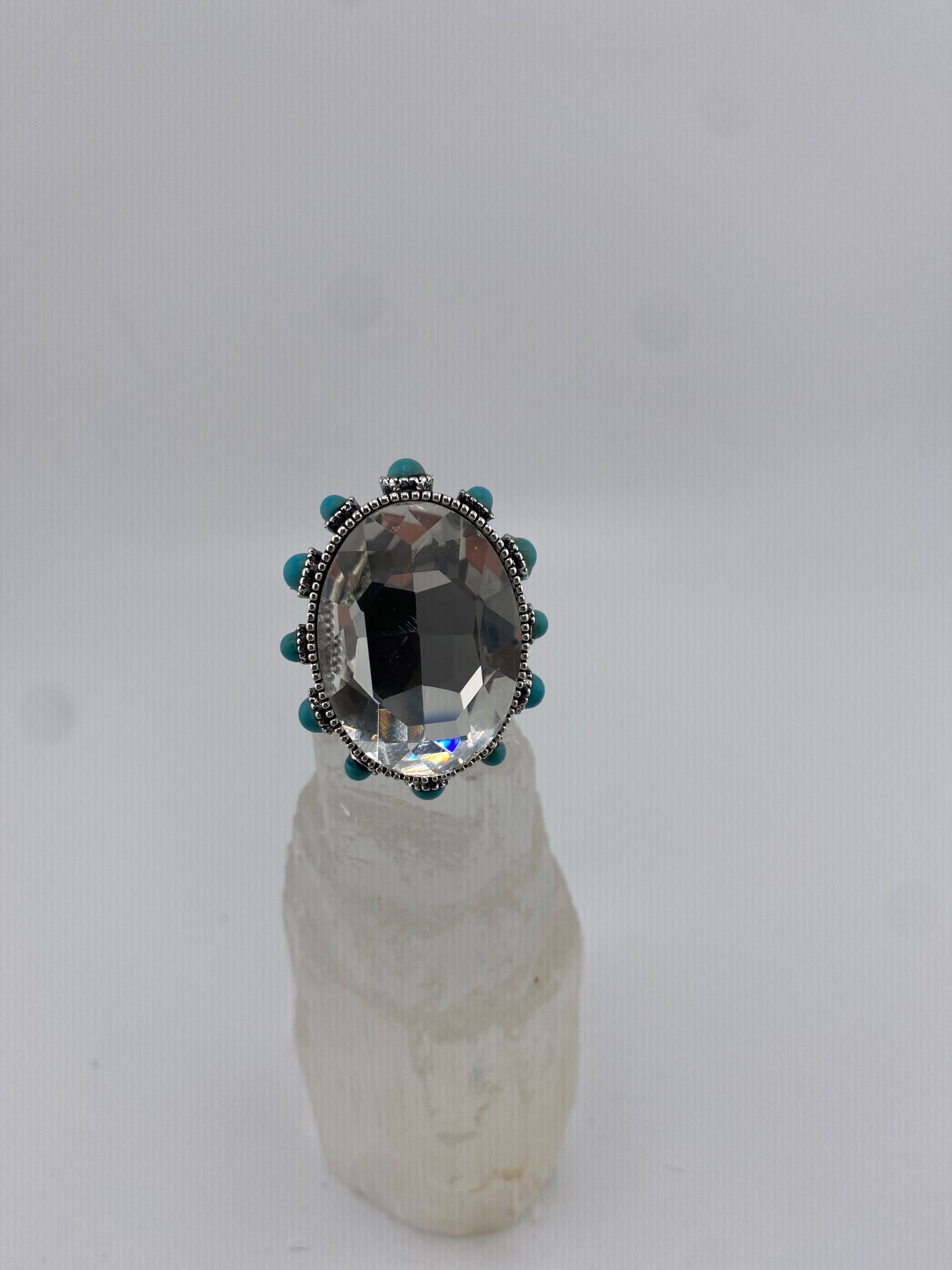 Crystal Oval Stone W/Turq Adjustable Ring FINAL SALE