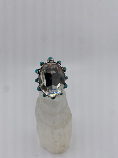 Crystal Oval Stone W/Turq Adjustable Ring FINAL SALE
