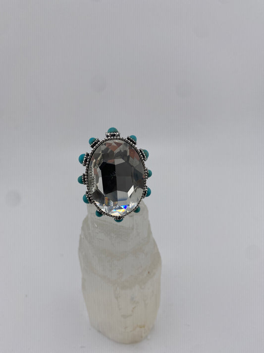 Crystal Oval Stone W/Turq Adjustable Ring FINAL SALE