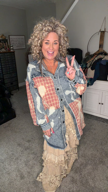 Washed Bleached Denim Plaid Button Front Shacket