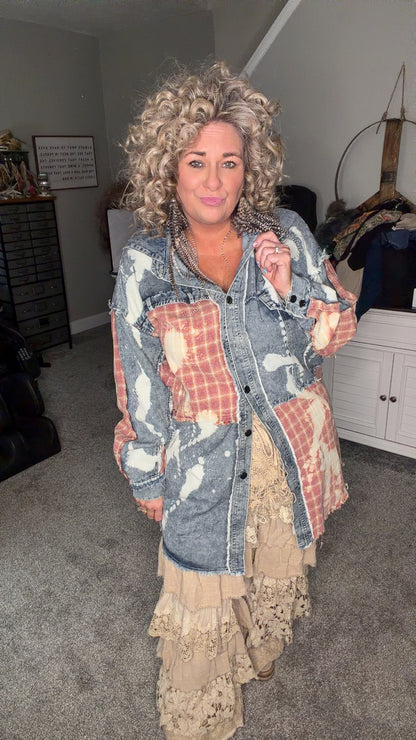 Washed Bleached Denim Plaid Button Front Shacket