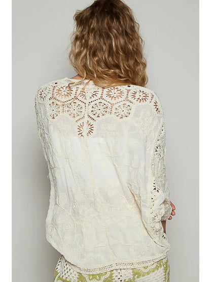 V-Neck Crochet Woven Roomy Fit Cardigan Top