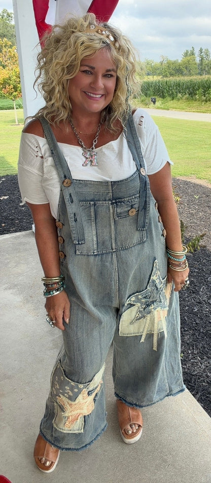Denim Star Patchwork Bib Overalls