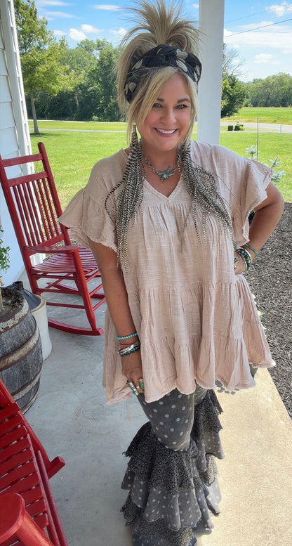 V-Neck Short Sleeve Ruffle Detail Dress