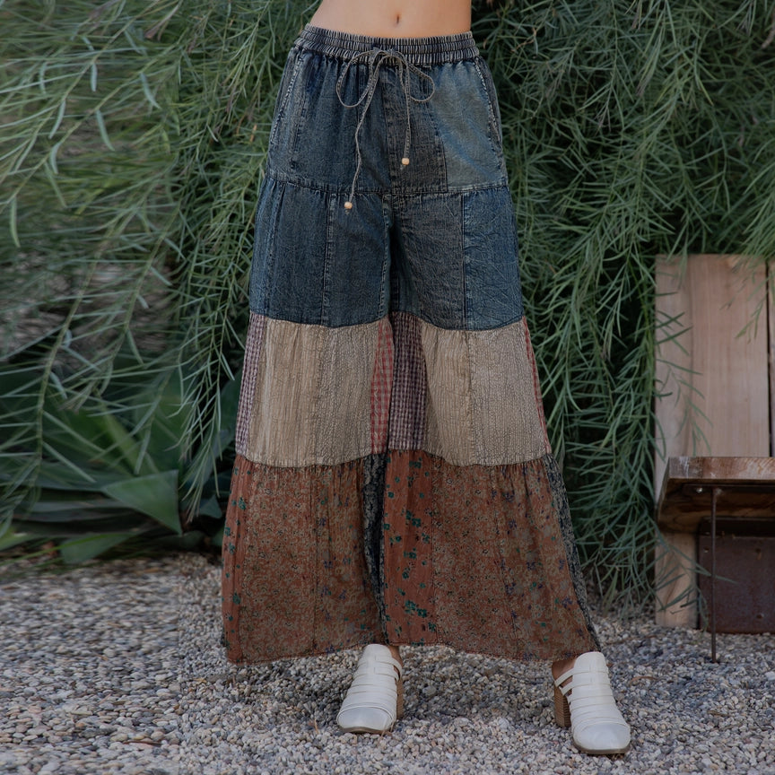 Boho Chic Tiered Patch Inserted Denim &Knit Pants