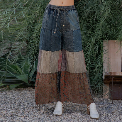 Boho Chic Tiered Patch Inserted Denim &Knit Pants