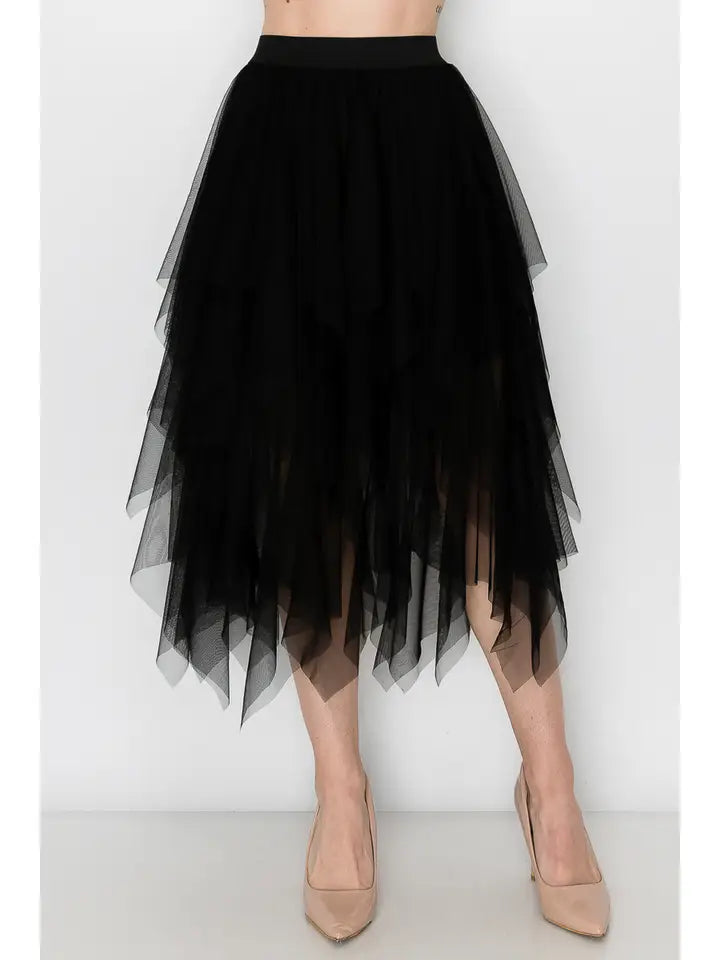 Dreamy Tiered Tulle Midi Skirt with Floaty Hem