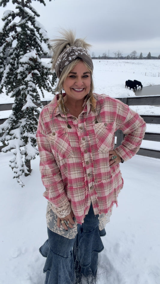 Plaid with Embroidered Mesh Shacket