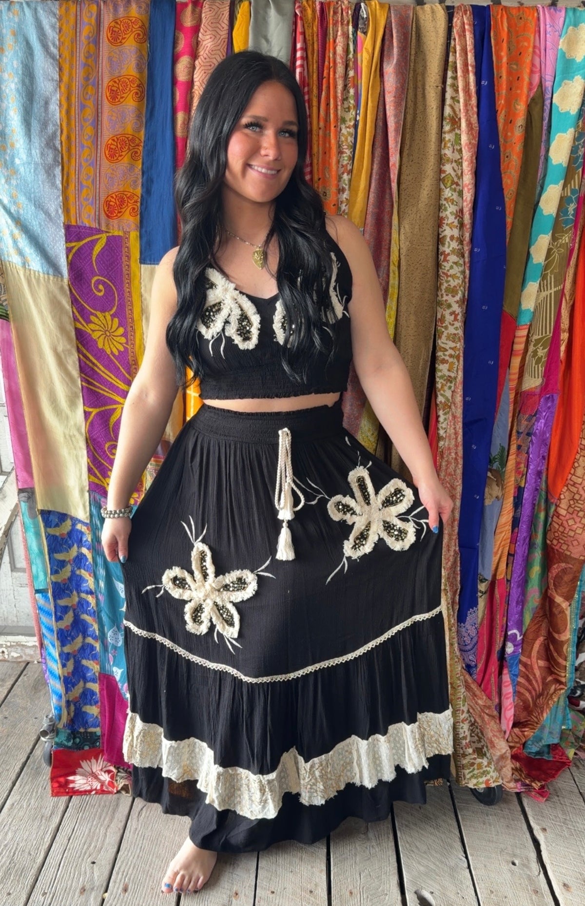 Smocked Waist Ruffle Embroidered Fringe Long Skirt