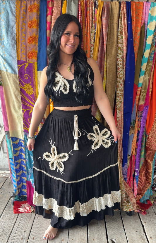 Smocked Waist Ruffle Embroidered Fringe Long Skirt