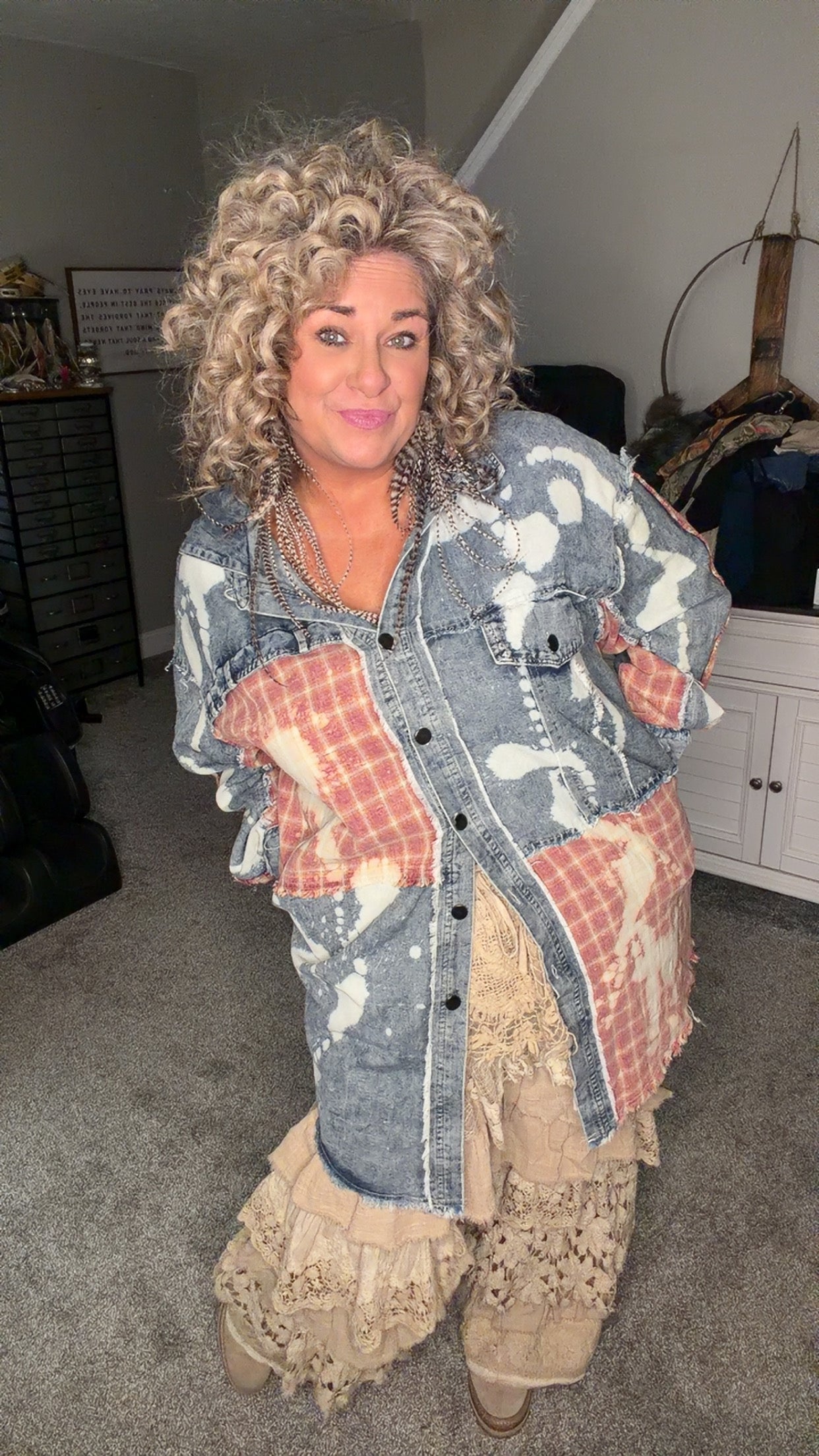 Washed Bleached Denim Plaid Button Front Shacket