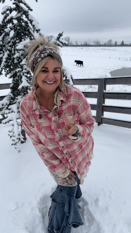 Plaid with Embroidered Mesh Shacket