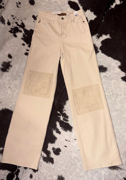 Cream Crochet Patch Jeans