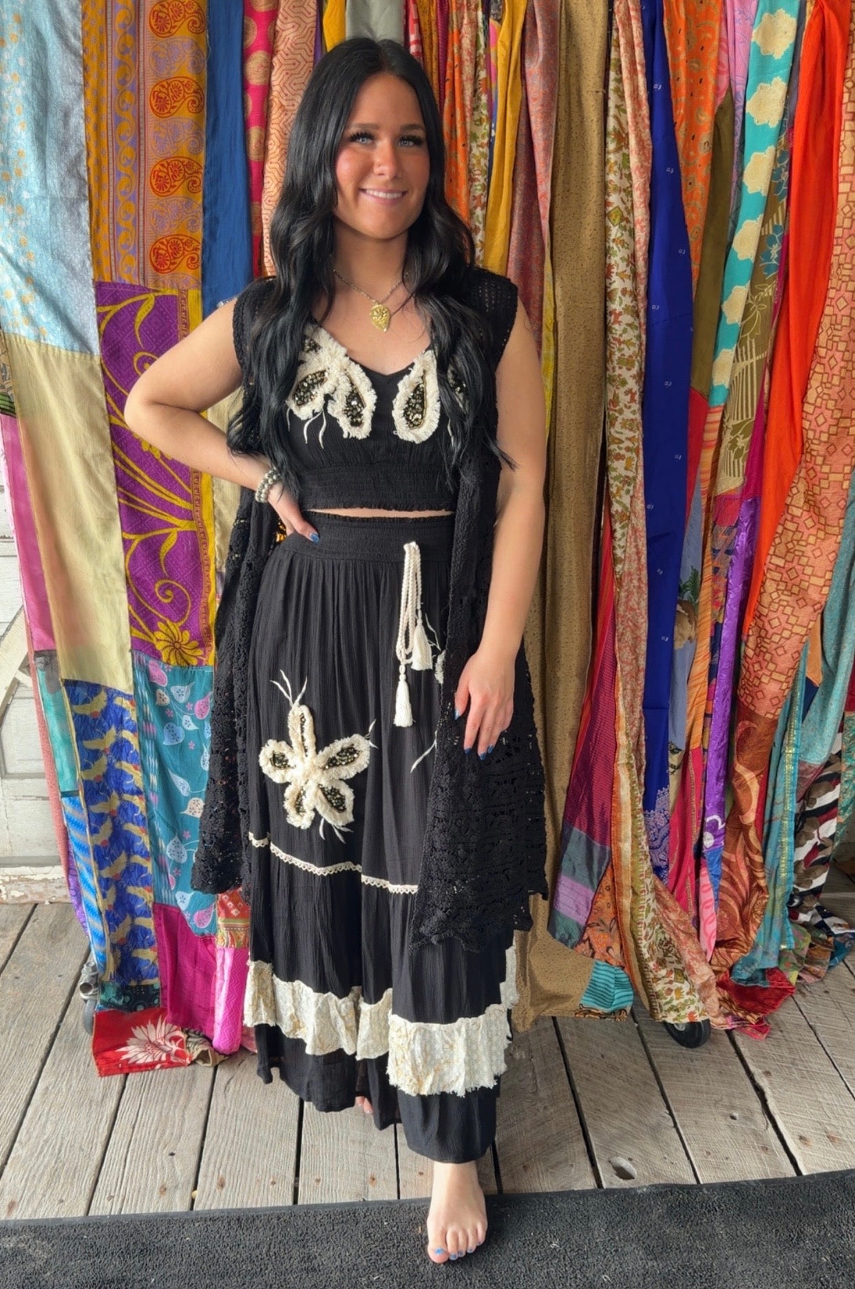 Smocked Waist Ruffle Embroidered Fringe Long Skirt