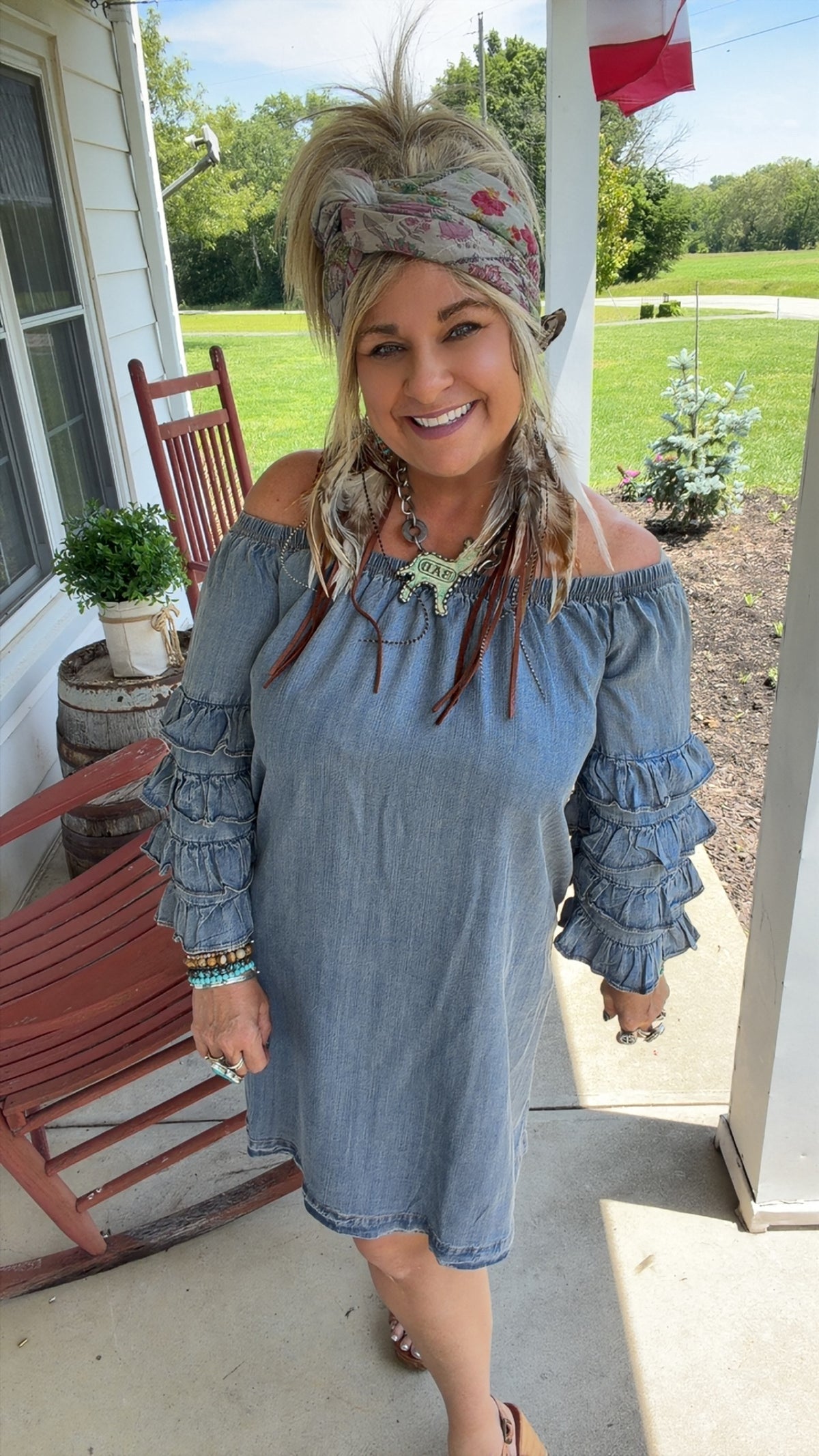 Off the Shoulder Tiered Sleeve Charming Denim