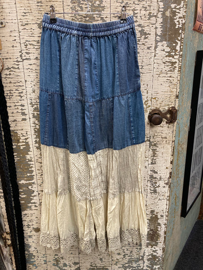 Boho chic Tiered Patch Inserted Denim &Knit Pants