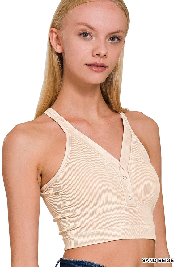 Washed Seamless Ribbed Snap Button Bralette