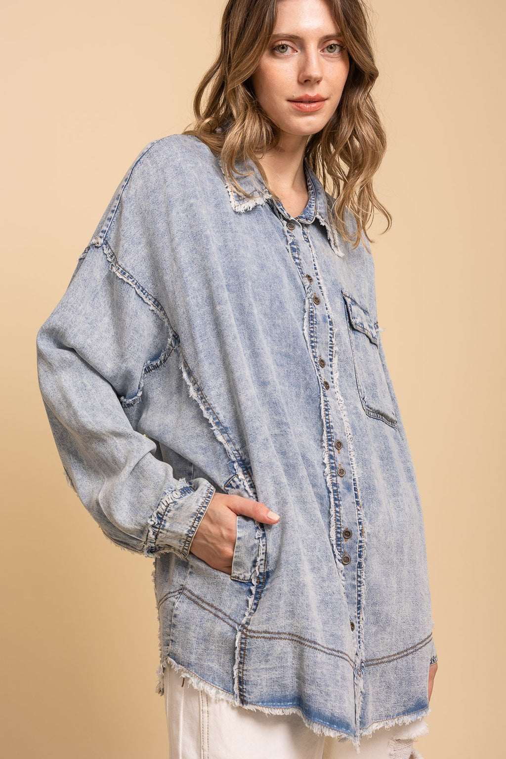 Washed Chambray Denim Button Down Shirt