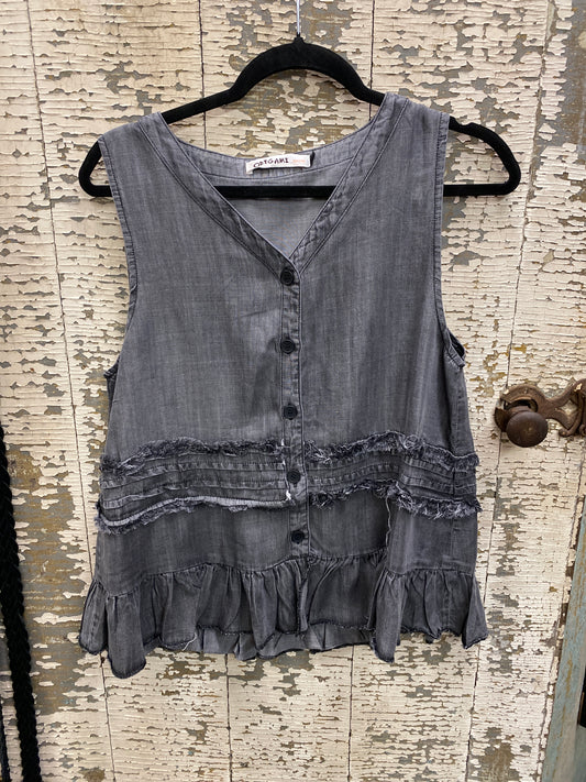 Chambray Vest with Tiered Ruffles