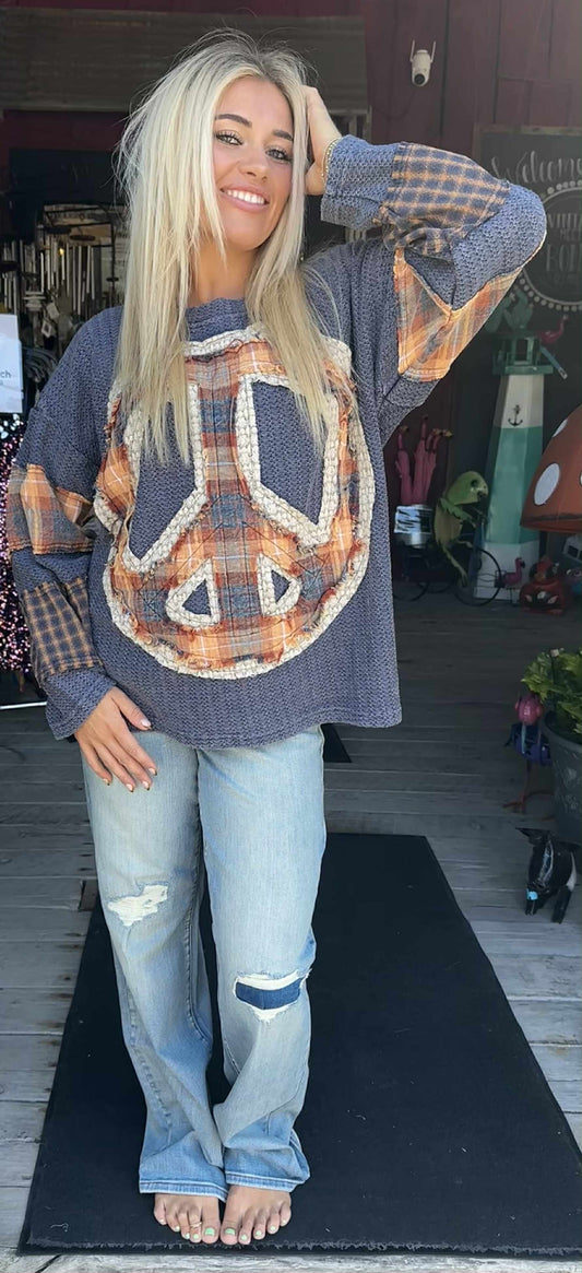 Washed Plaid Flower Patch Long Sleeve Top
