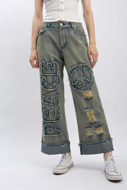 Distressed Patch Peace Denim Pants