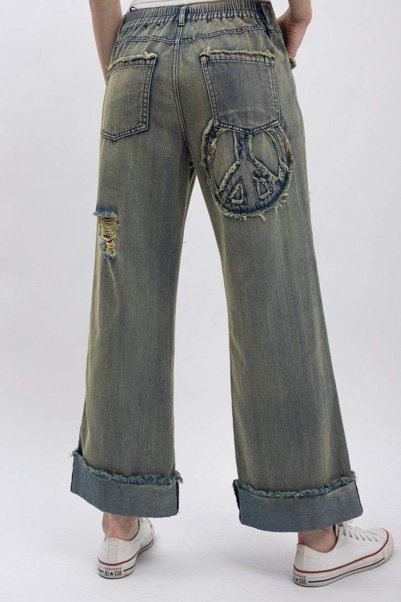 Distressed Patch Peace Denim Pants