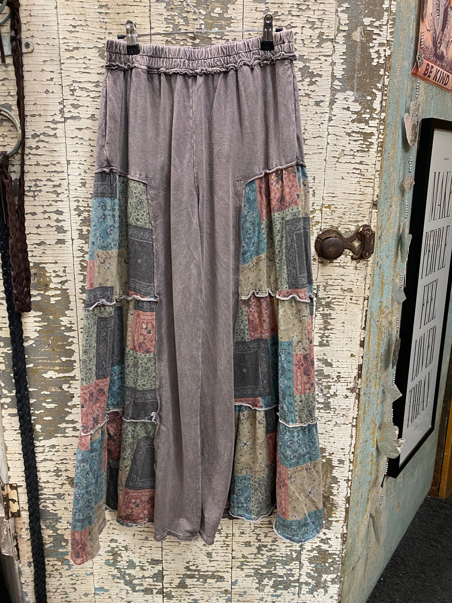 Mineral Washed Boho Patch Tiered Wide Pants