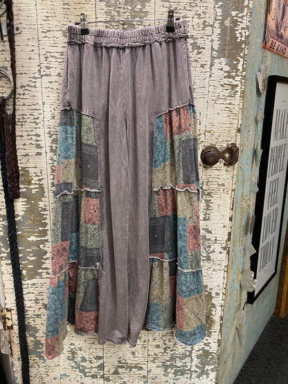 Mineral Washed Boho Patch Tiered Wide Pants