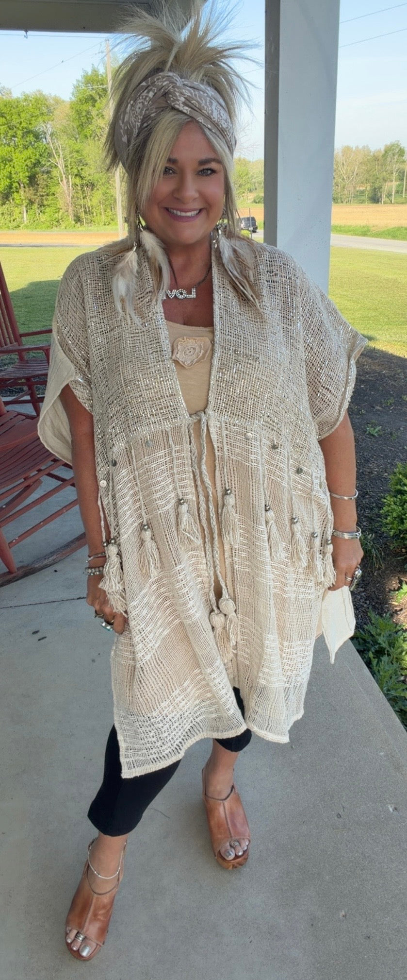 Boho Cotton Short Sleeve Sequin Tassel Midi Cardigan