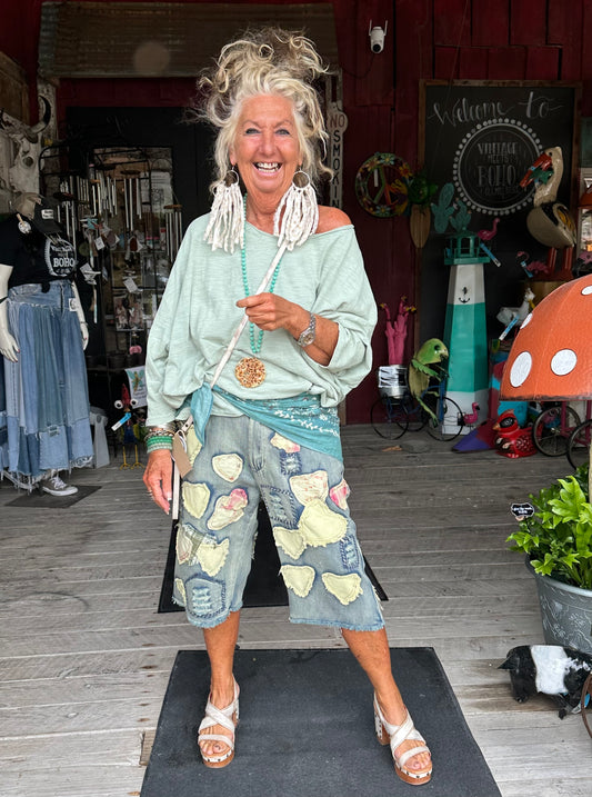 Patchwork Mineral Wash Denim Bermuda Shorts
