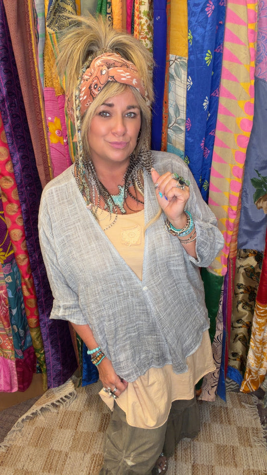 Textured Linen Button Front Top
