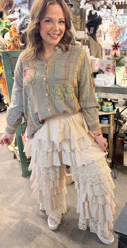 LACE MIX TIERED RUFFLE PANTS