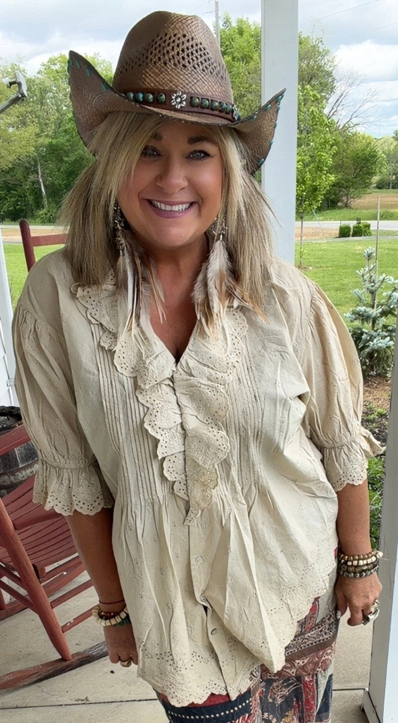 Eyelet Linen Top Cream