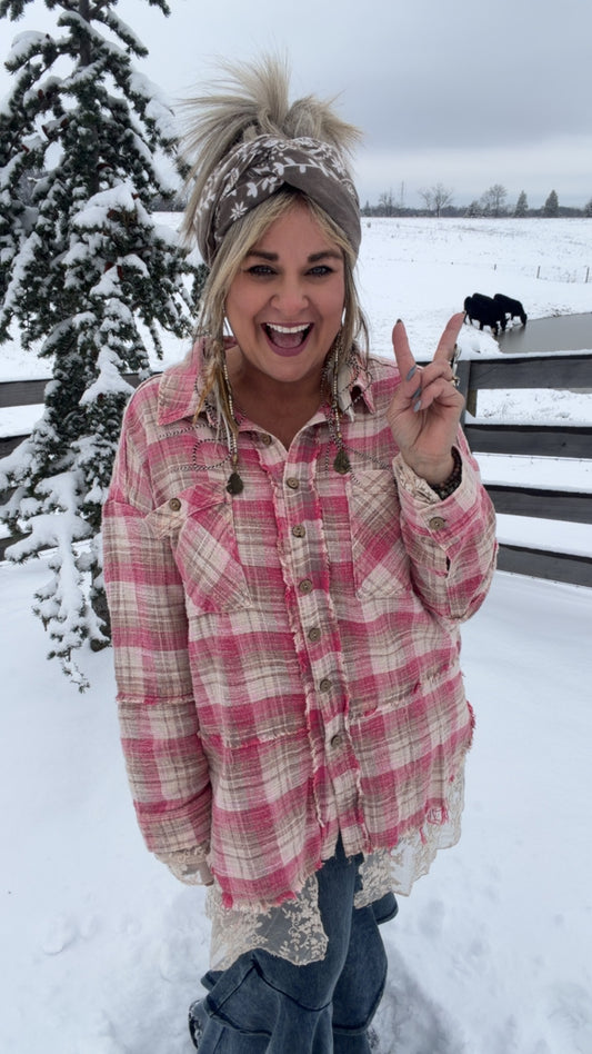 Plaid with Embroidered Mesh Shacket