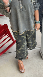 Camouflage Denim Ruffled Hem Mid Rise Bloomer Pants