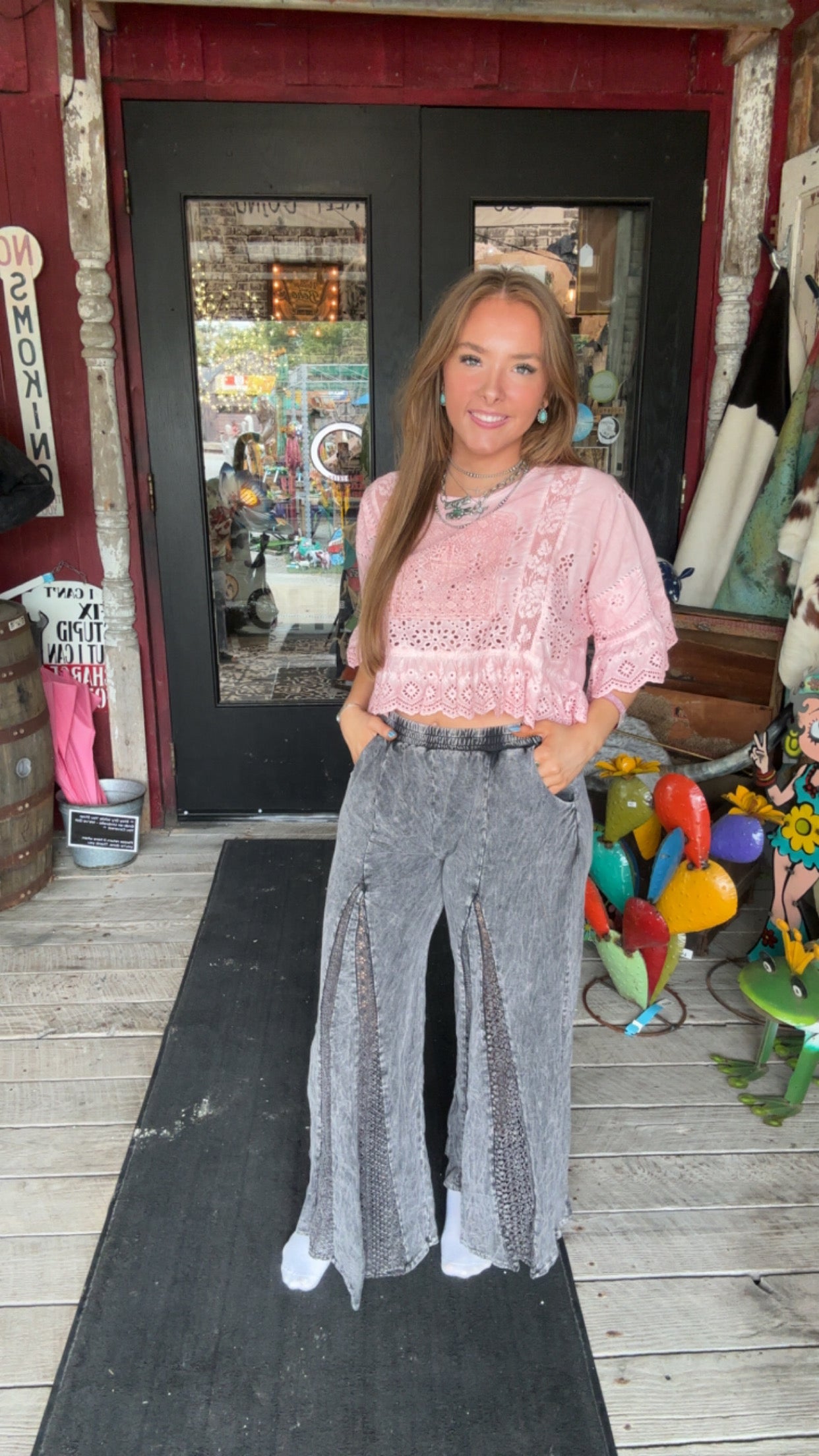 Boho Pants - Mineral Washed Lace Flare Hippie