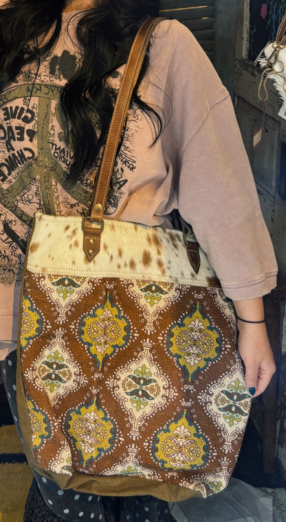 Brown / Yellow Rug Tote With Fur