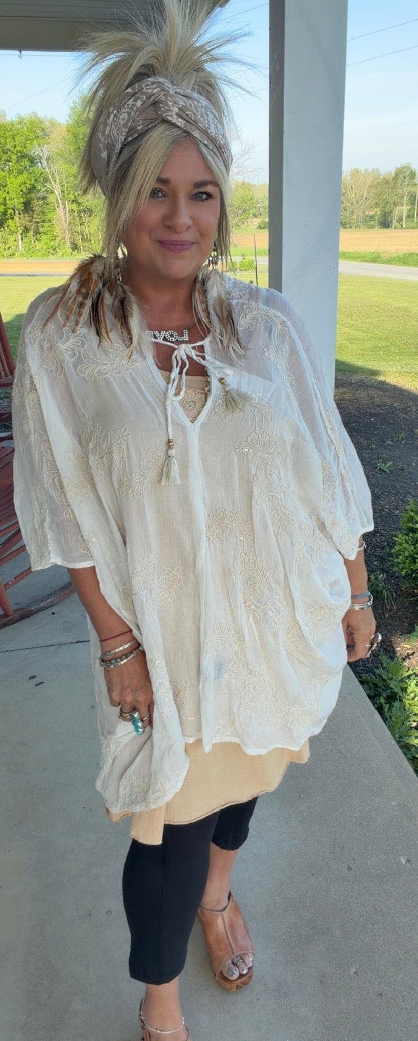 V-Neck 3/4 Sleeve Embroidered Kimono Top with Back Tassel