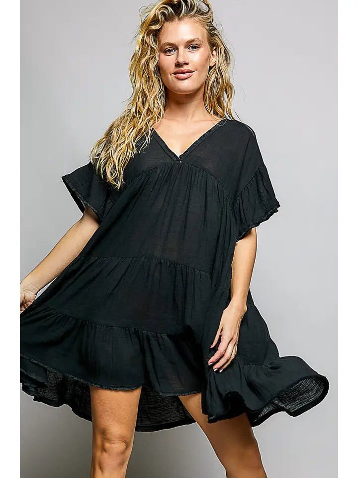V-Neck Short Sleeve Ruffle Shirring Detail Dress