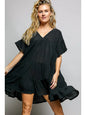 V-Neck Short Sleeve Ruffle Shirring Detail Dress