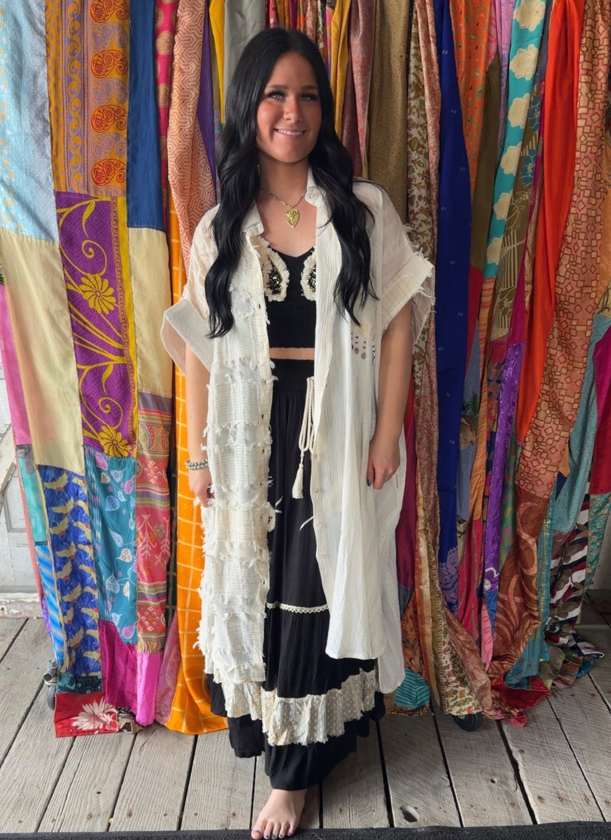 Dangle Trim Textured Cotton Oversized Long Shirt Dress