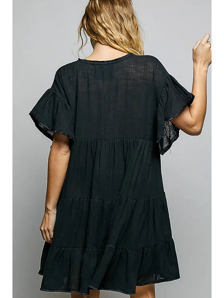 V-Neck Short Sleeve Ruffle Detail Dress